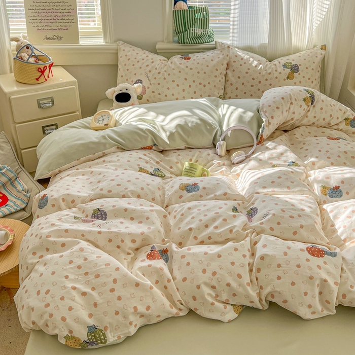 91家纺网 家纺一手货源 找家纺 漫仙阁家纺 2026新款纯棉学生宿舍A版100%新疆棉B版古法水洗三件套全棉四件套南瓜派对