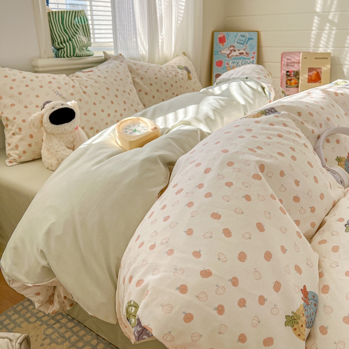 91家纺网 家纺一手货源 找家纺 漫仙阁家纺 2026新款纯棉学生宿舍A版100%新疆棉B版古法水洗三件套全棉四件套南瓜派对