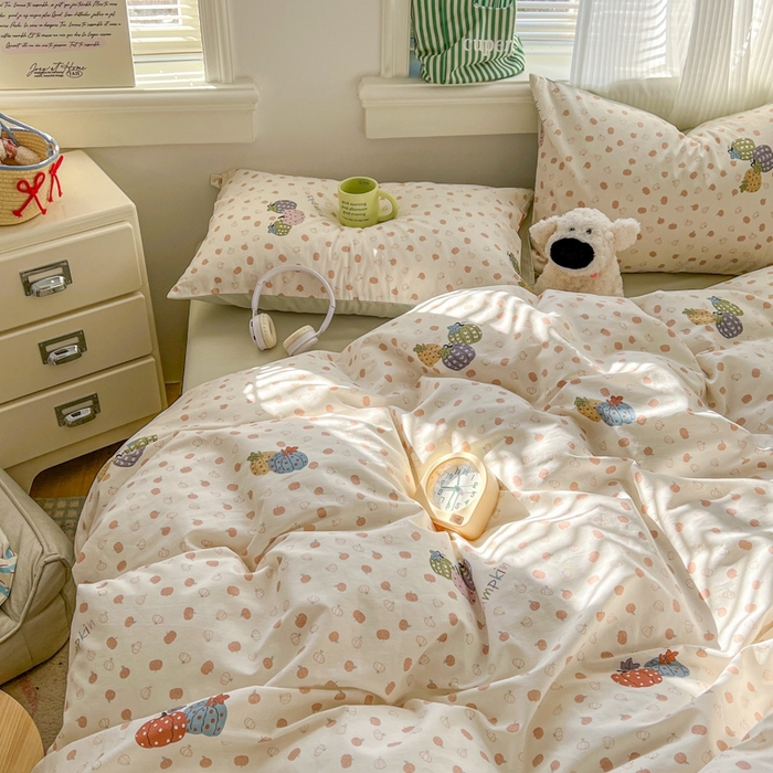 91家纺网 家纺一手货源 找家纺 漫仙阁家纺 2026新款纯棉学生宿舍A版100%新疆棉B版古法水洗三件套全棉四件套南瓜派对