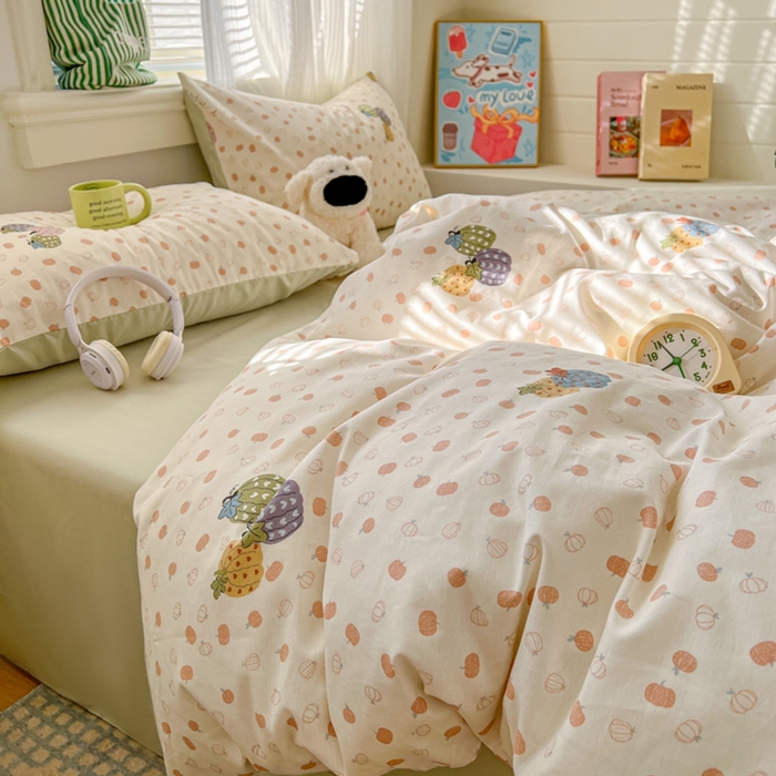 91家纺网 家纺一手货源 找家纺 漫仙阁家纺 2026新款纯棉学生宿舍A版100%新疆棉B版古法水洗三件套全棉四件套南瓜派对