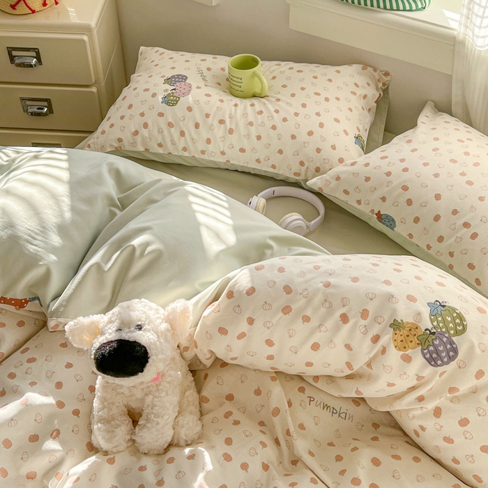 91家纺网 家纺一手货源 找家纺 漫仙阁家纺 2026新款纯棉学生宿舍A版100%新疆棉B版古法水洗三件套全棉四件套南瓜派对