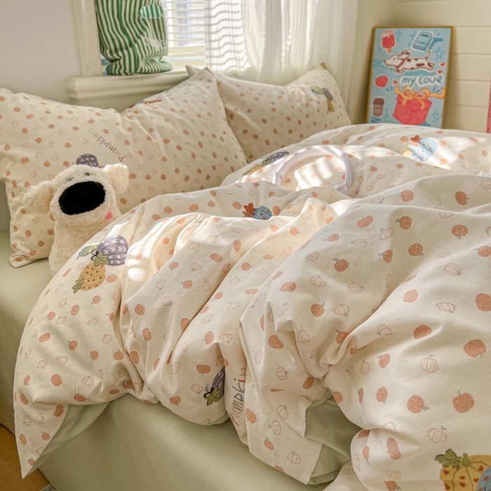 91家纺网 家纺一手货源 找家纺 漫仙阁家纺 2026新款纯棉学生宿舍A版100%新疆棉B版古法水洗三件套全棉四件套南瓜派对