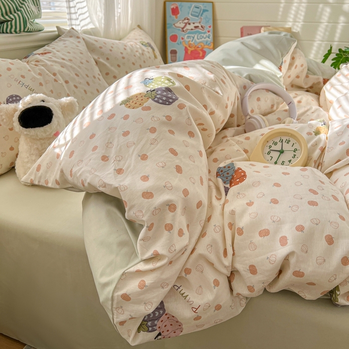 91家纺网 家纺一手货源 找家纺 漫仙阁家纺 2026新款纯棉学生宿舍A版100%新疆棉B版古法水洗三件套全棉四件套南瓜派对