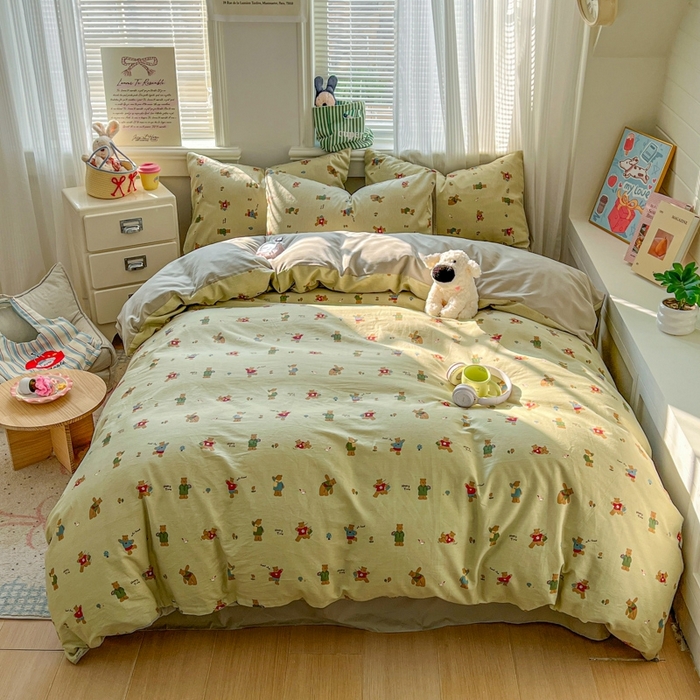 91家纺网 家纺一手货源 找家纺 漫仙阁家纺 2026新款纯棉学生宿舍A版100%新疆棉B版古法水洗三件套全棉四件套哨兵熊