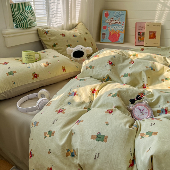 91家纺网 家纺一手货源 找家纺 漫仙阁家纺 2026新款纯棉学生宿舍A版100%新疆棉B版古法水洗三件套全棉四件套哨兵熊