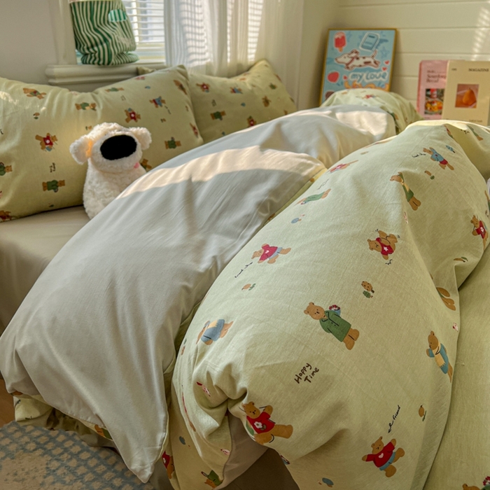 91家纺网 家纺一手货源 找家纺 漫仙阁家纺 2026新款纯棉学生宿舍A版100%新疆棉B版古法水洗三件套全棉四件套哨兵熊