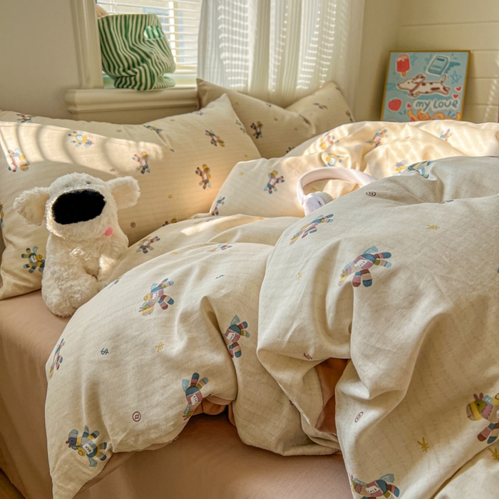 91家纺网 家纺一手货源 找家纺 漫仙阁家纺 2026新款纯棉学生宿舍A版100%新疆棉B版古法水洗三件套全棉四件套小木马