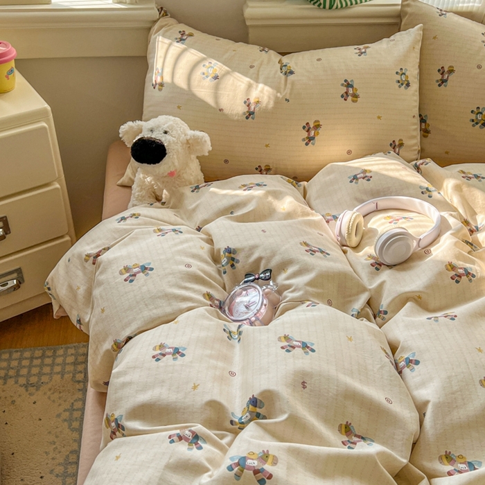 91家纺网 家纺一手货源 找家纺 漫仙阁家纺 2026新款纯棉学生宿舍A版100%新疆棉B版古法水洗三件套全棉四件套小木马