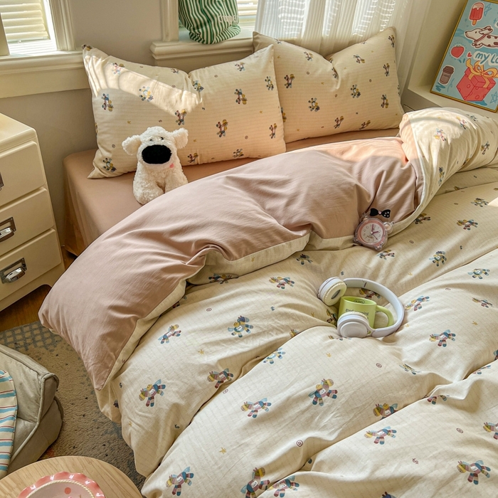 91家纺网 家纺一手货源 找家纺 漫仙阁家纺 2026新款纯棉学生宿舍A版100%新疆棉B版古法水洗三件套全棉四件套小木马