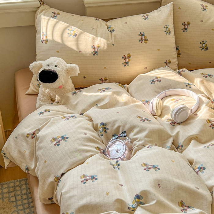 91家纺网 家纺一手货源 找家纺 漫仙阁家纺 2026新款纯棉学生宿舍A版100%新疆棉B版古法水洗三件套全棉四件套小木马