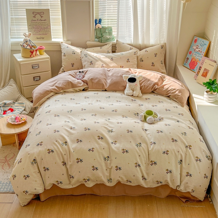 91家纺网 家纺一手货源 找家纺 漫仙阁家纺 2026新款纯棉学生宿舍A版100%新疆棉B版古法水洗三件套全棉四件套小木马