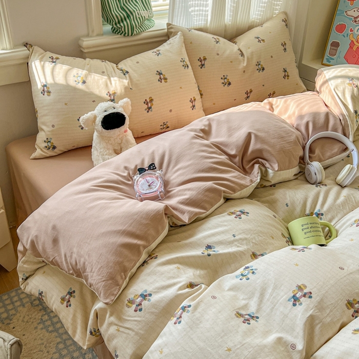 91家纺网 家纺一手货源 找家纺 漫仙阁家纺 2026新款纯棉学生宿舍A版100%新疆棉B版古法水洗三件套全棉四件套小木马