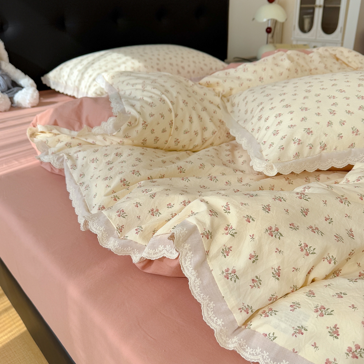 91家纺网 家纺一手货源 找家纺 （总）竹合 2026新款田园韩版花边款小碎花古法水洗仿棉A类云感棉四件套