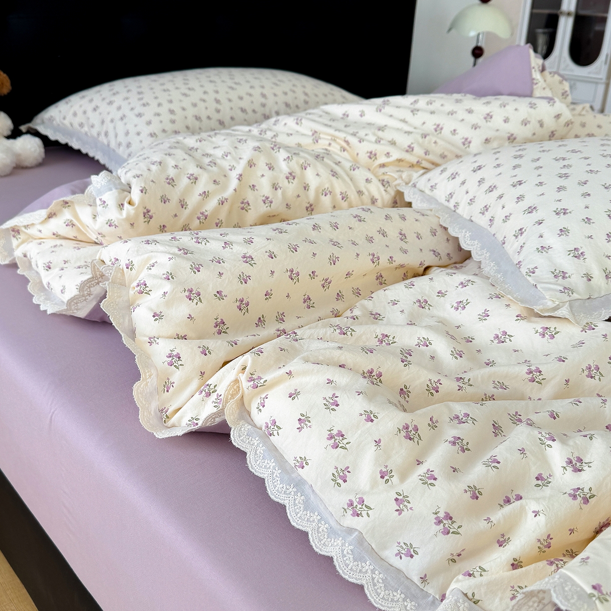 91家纺网 家纺一手货源 找家纺 （总）竹合 2026新款田园韩版花边款小碎花古法水洗仿棉A类云感棉四件套