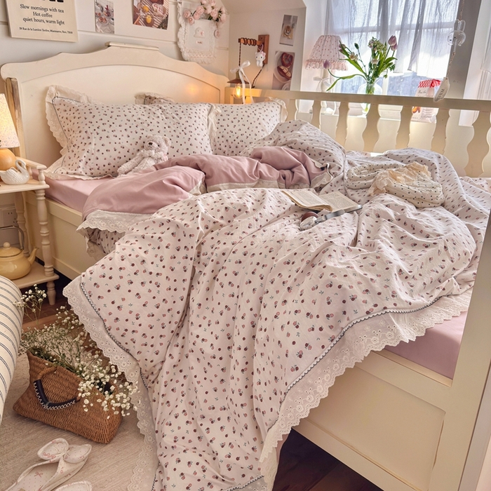 91家纺网 家纺一手货源 找家纺 海岛哥哥 2026新款仿棉云柔纱韩版双花边四件套 花边-禾时