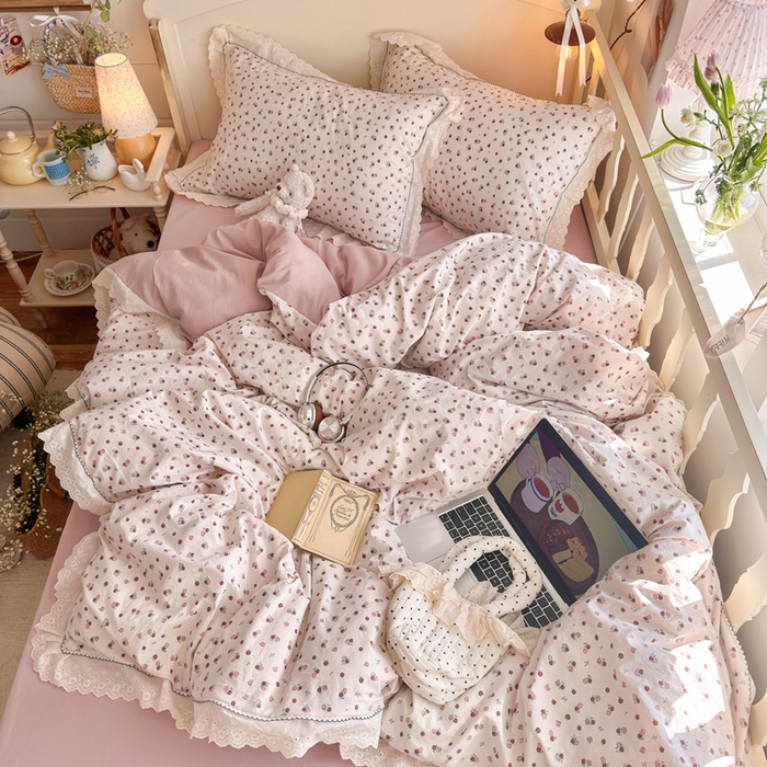 91家纺网 家纺一手货源 找家纺 海岛哥哥 2026新款仿棉云柔纱韩版双花边四件套 花边-禾时