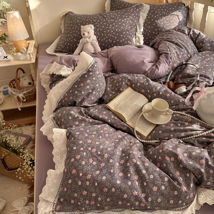 91家纺网 家纺一手货源 找家纺 海岛哥哥 2026新款仿棉云柔纱韩版双花边四件套 花边-花影