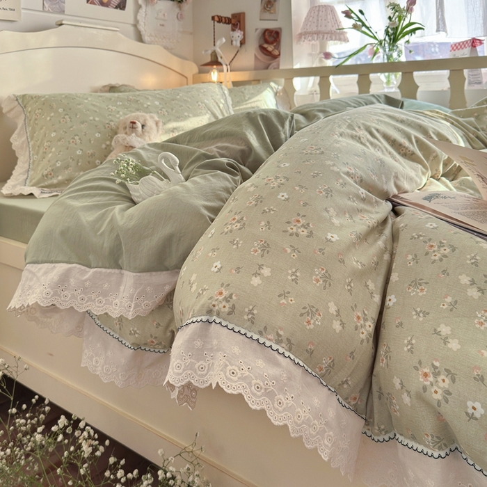 91家纺网 家纺一手货源 找家纺 海岛哥哥 2026新款仿棉云柔纱韩版双花边四件套 花边-桔夏