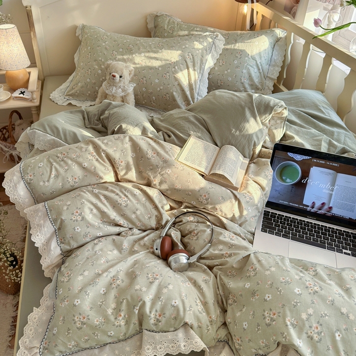 91家纺网 家纺一手货源 找家纺 海岛哥哥 2026新款仿棉云柔纱韩版双花边四件套 花边-桔夏