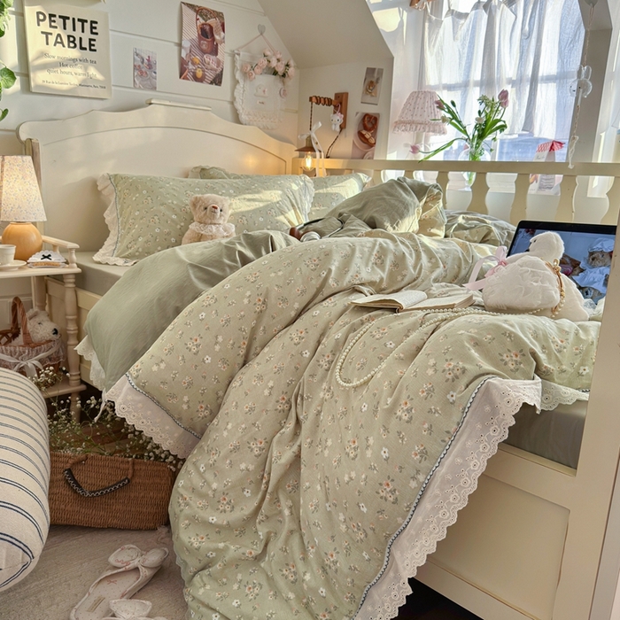 91家纺网 家纺一手货源 找家纺 海岛哥哥 2026新款仿棉云柔纱韩版双花边四件套 花边-桔夏