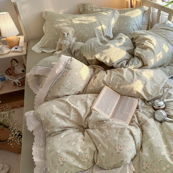 91家纺网 家纺一手货源 找家纺 海岛哥哥 2026新款仿棉云柔纱韩版双花边四件套 花边-桔夏