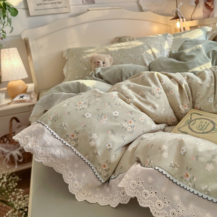 91家纺网 家纺一手货源 找家纺 海岛哥哥 2026新款仿棉云柔纱韩版双花边四件套 花边-桔夏