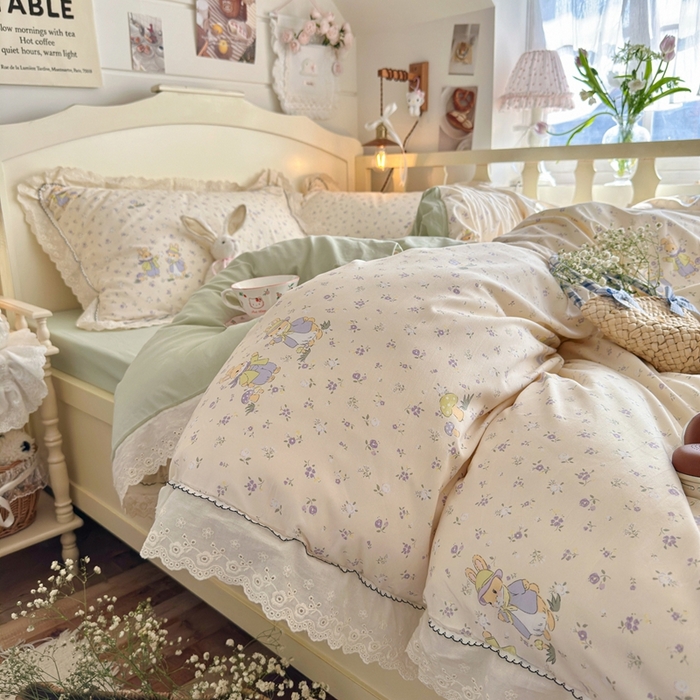 91家纺网 家纺一手货源 找家纺 海岛哥哥 2026新款仿棉云柔纱韩版双花边四件套 花边-萌兔花园