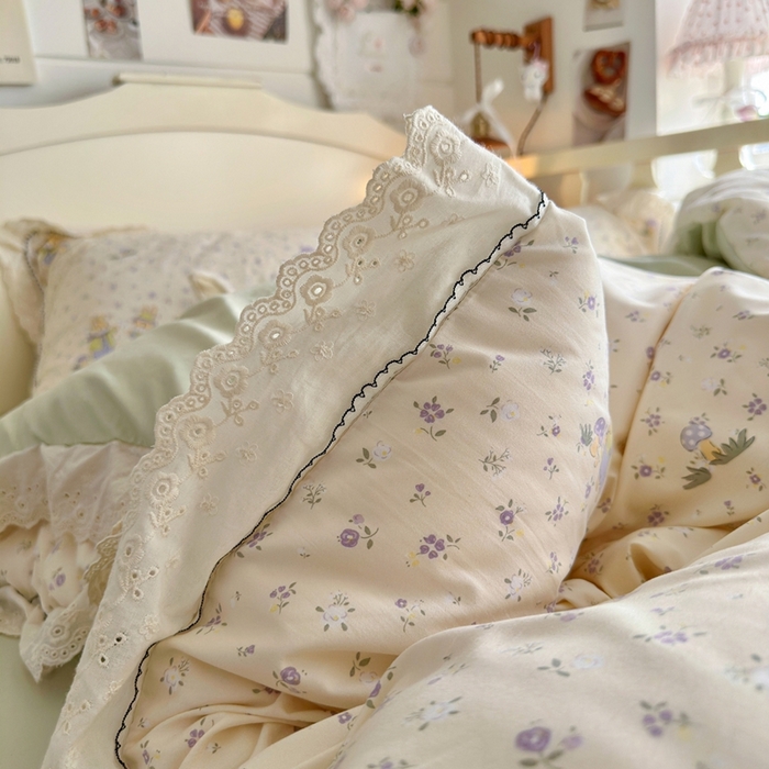 91家纺网 家纺一手货源 找家纺 海岛哥哥 2026新款仿棉云柔纱韩版双花边四件套 花边-萌兔花园