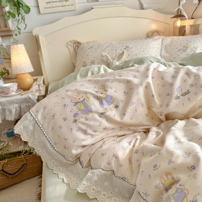 91家纺网 家纺一手货源 找家纺 海岛哥哥 2026新款仿棉云柔纱韩版双花边四件套 花边-萌兔花园