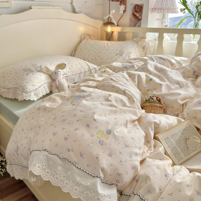 91家纺网 家纺一手货源 找家纺 海岛哥哥 2026新款仿棉云柔纱韩版双花边四件套 花边-萌兔花园