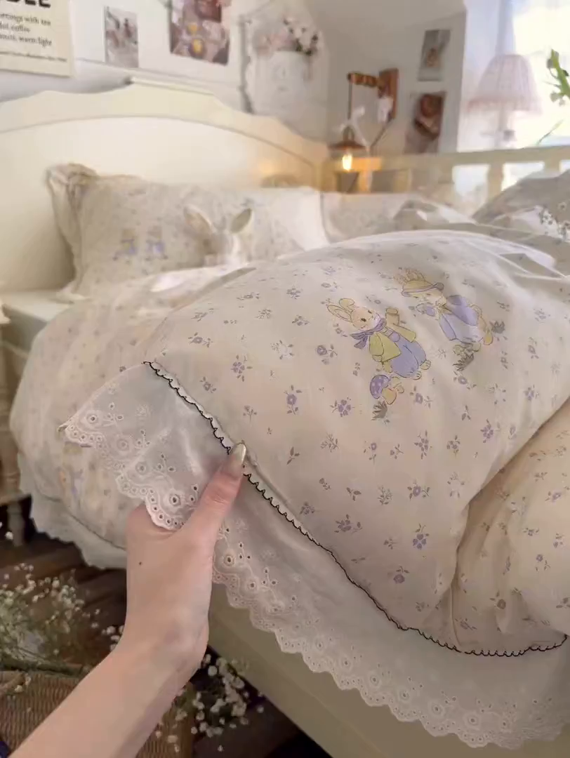 91家纺网 家纺一手货源 找家纺 海岛哥哥 2026新款仿棉云柔纱韩版双花边四件套 花边-萌兔花园