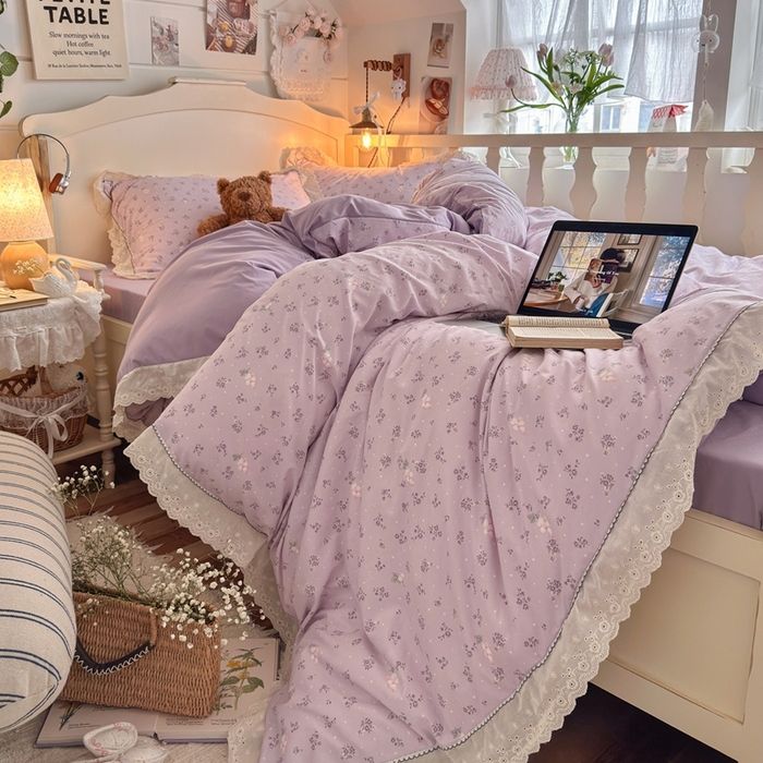 91家纺网 家纺一手货源 找家纺 海岛哥哥 2026新款仿棉云柔纱韩版双花边四件套 花边-葡萄园