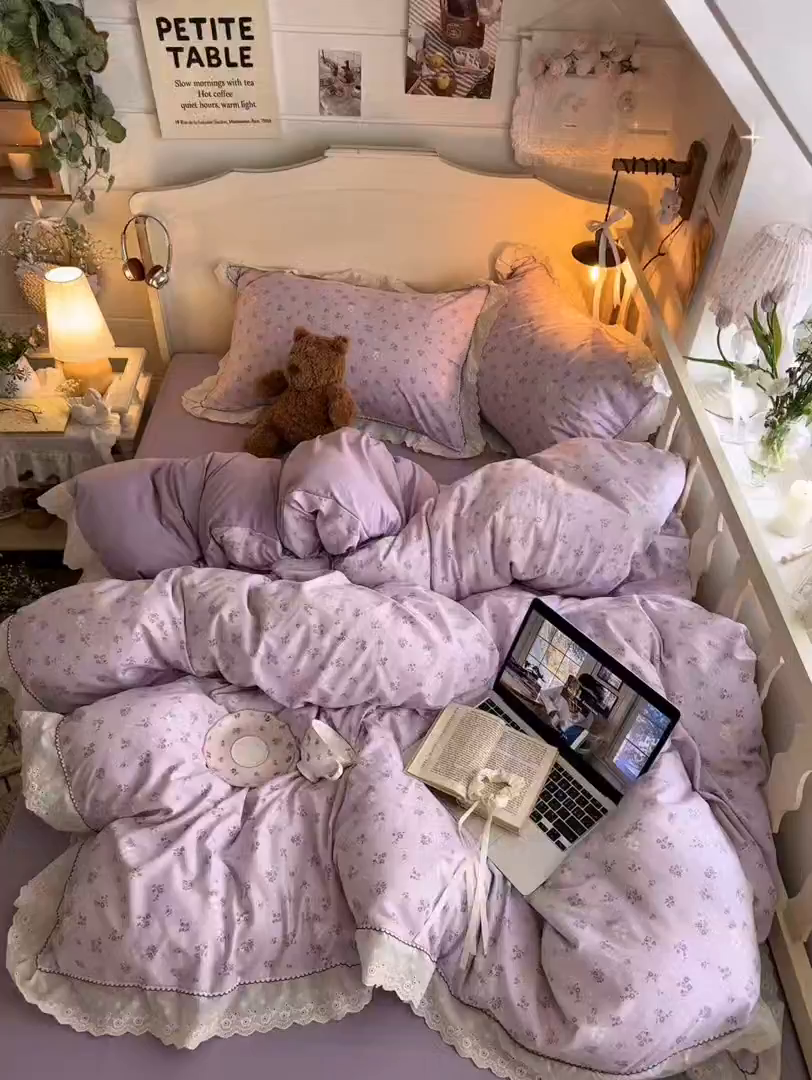 91家纺网 家纺一手货源 找家纺 海岛哥哥 2026新款仿棉云柔纱韩版双花边四件套 花边-葡萄园