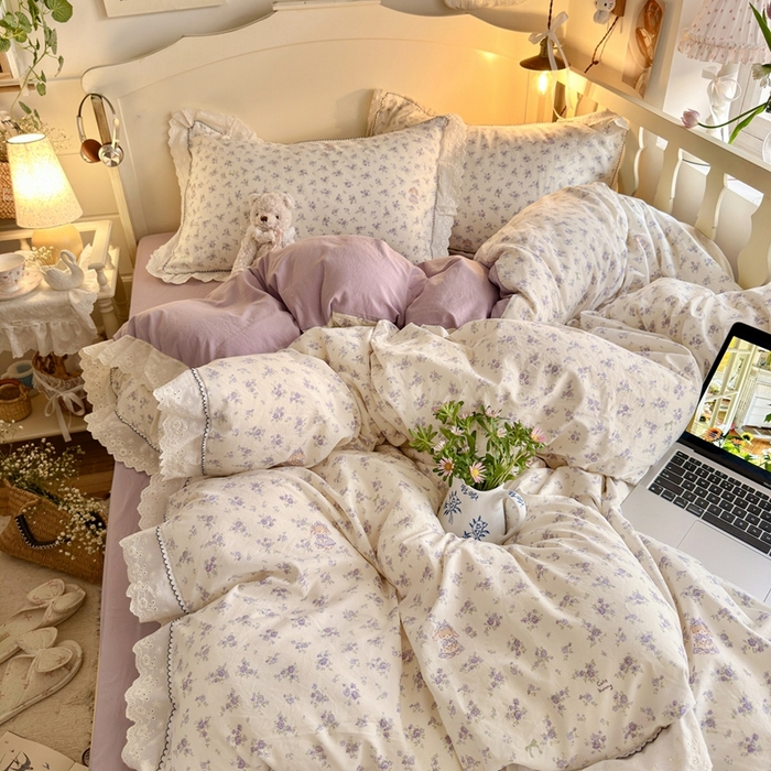 91家纺网 家纺一手货源 找家纺 海岛哥哥 2026新款仿棉云柔纱韩版双花边四件套 花边-兔兔小姐