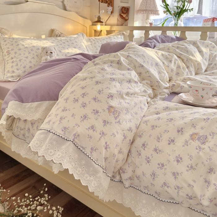 91家纺网 家纺一手货源 找家纺 海岛哥哥 2026新款仿棉云柔纱韩版双花边四件套 花边-兔兔小姐