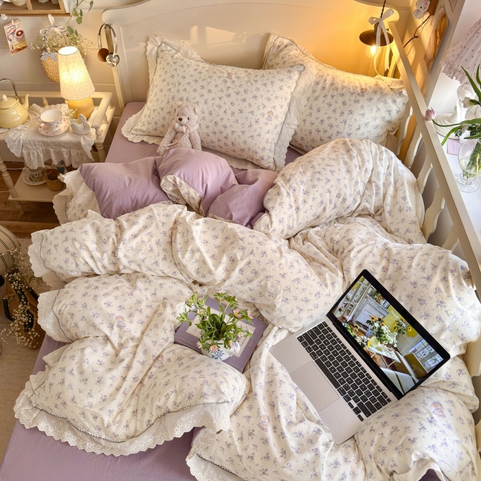 91家纺网 家纺一手货源 找家纺 海岛哥哥 2026新款仿棉云柔纱韩版双花边四件套 花边-兔兔小姐