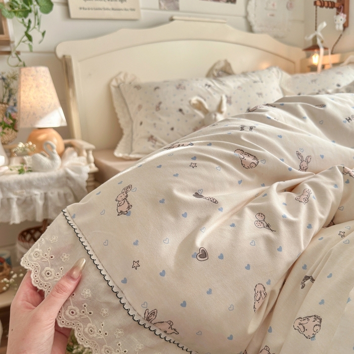 91家纺网 家纺一手货源 找家纺 海岛哥哥 2026新款仿棉云柔纱韩版双花边四件套 花边-兔薇薇