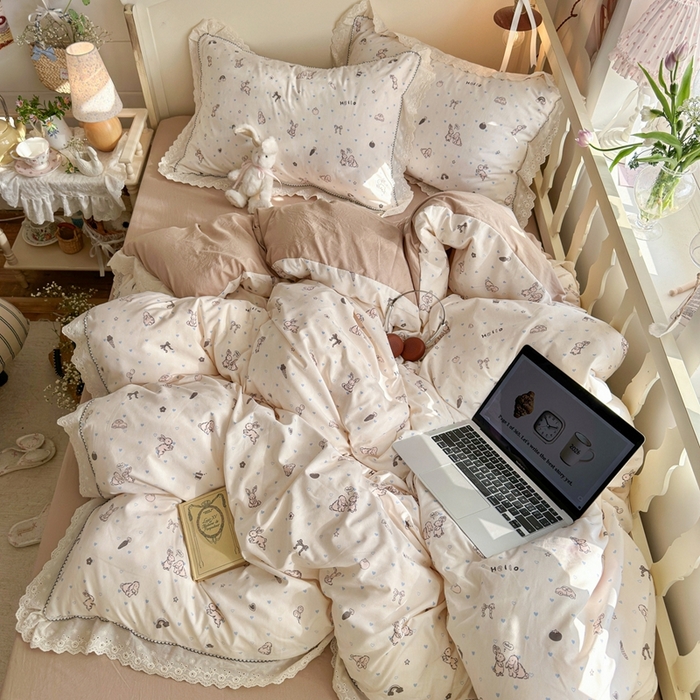 91家纺网 家纺一手货源 找家纺 海岛哥哥 2026新款仿棉云柔纱韩版双花边四件套 花边-兔薇薇