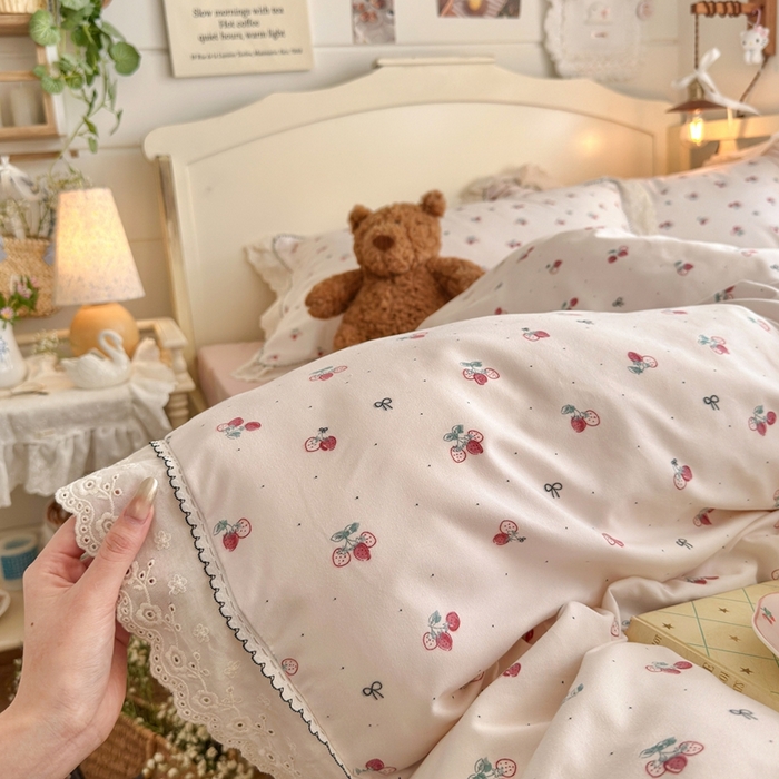 91家纺网 家纺一手货源 找家纺 海岛哥哥 2026新款仿棉云柔纱韩版双花边四件套 花边-小草莓