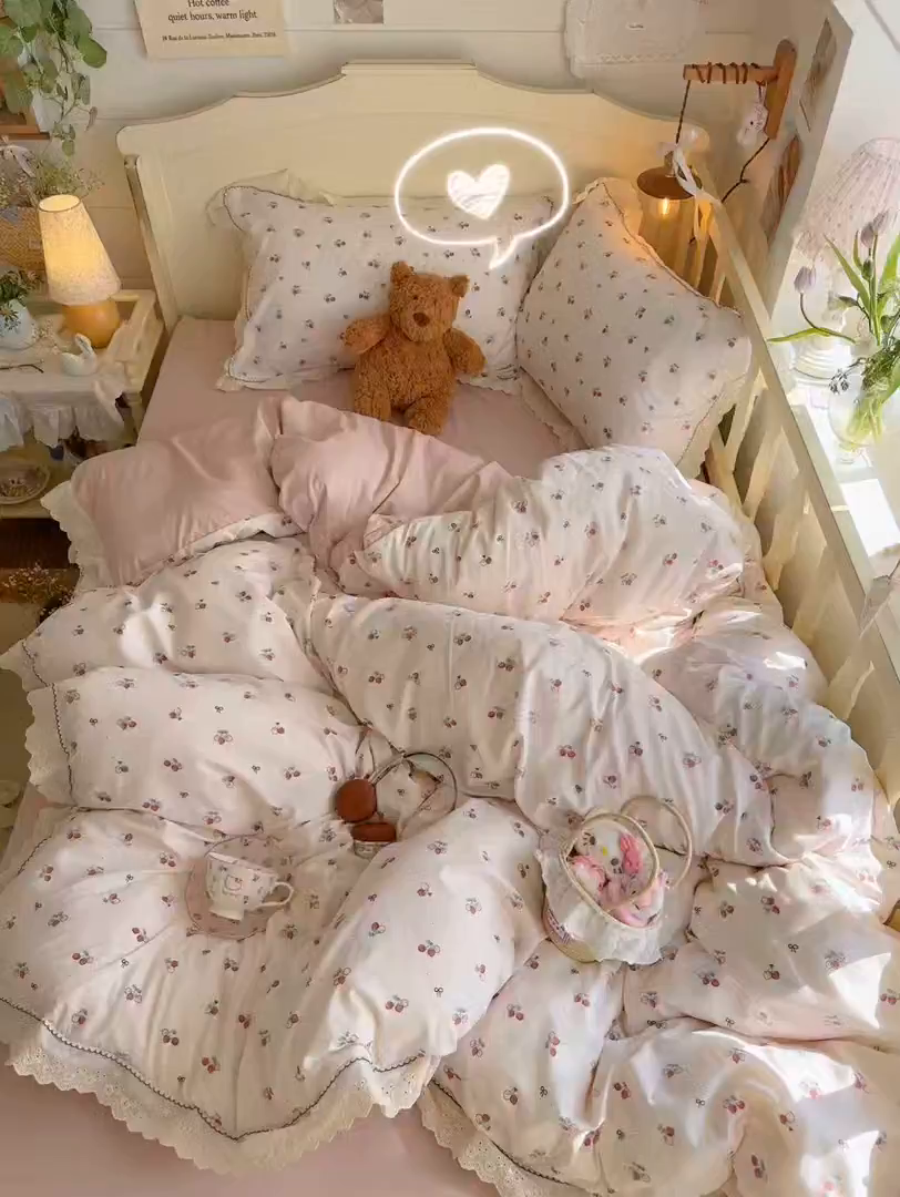91家纺网 家纺一手货源 找家纺 海岛哥哥 2026新款仿棉云柔纱韩版双花边四件套 花边-小草莓