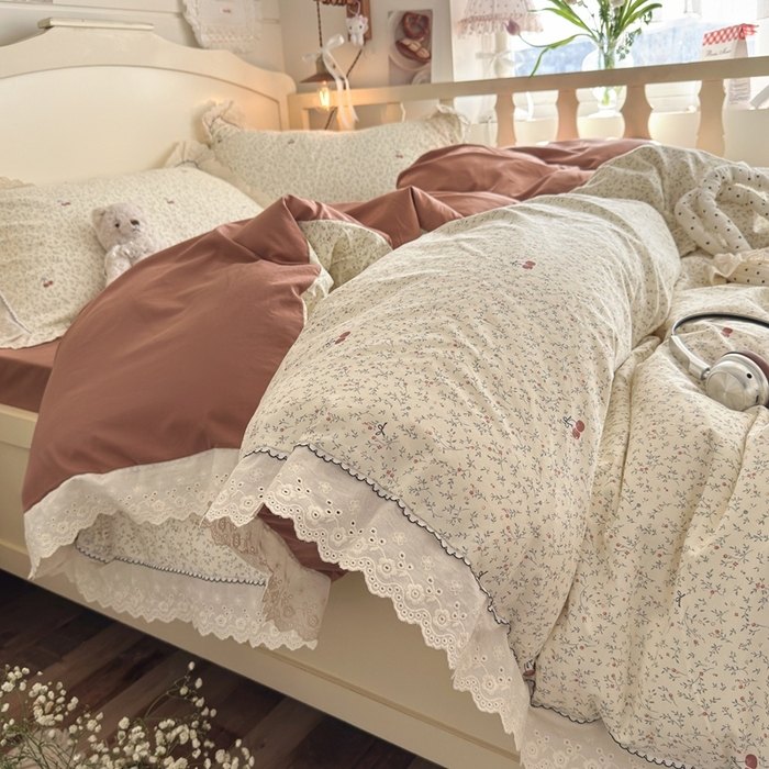 91家纺网 家纺一手货源 找家纺 海岛哥哥 2026新款仿棉云柔纱韩版双花边四件套 花边-樱桃枝枝