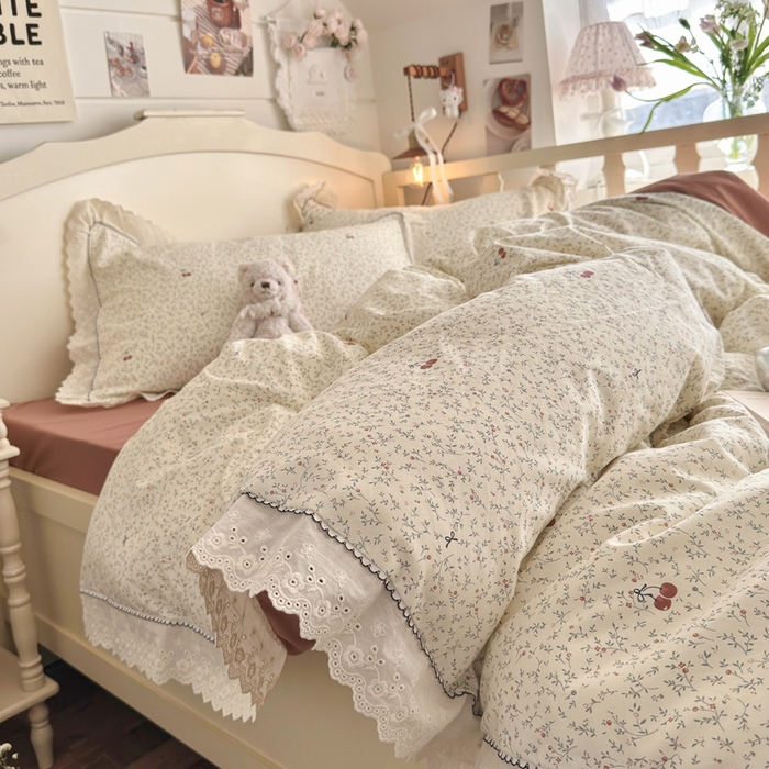 91家纺网 家纺一手货源 找家纺 海岛哥哥 2026新款仿棉云柔纱韩版双花边四件套 花边-樱桃枝枝