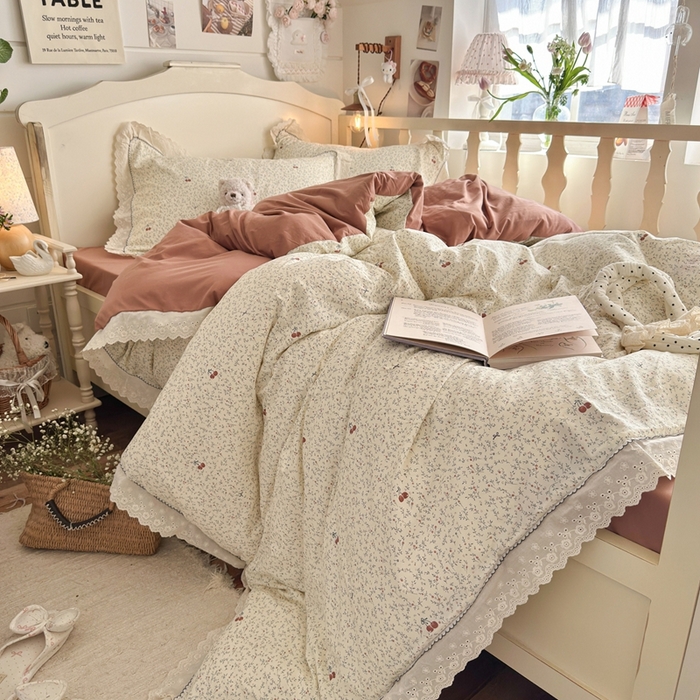 91家纺网 家纺一手货源 找家纺 海岛哥哥 2026新款仿棉云柔纱韩版双花边四件套 花边-樱桃枝枝