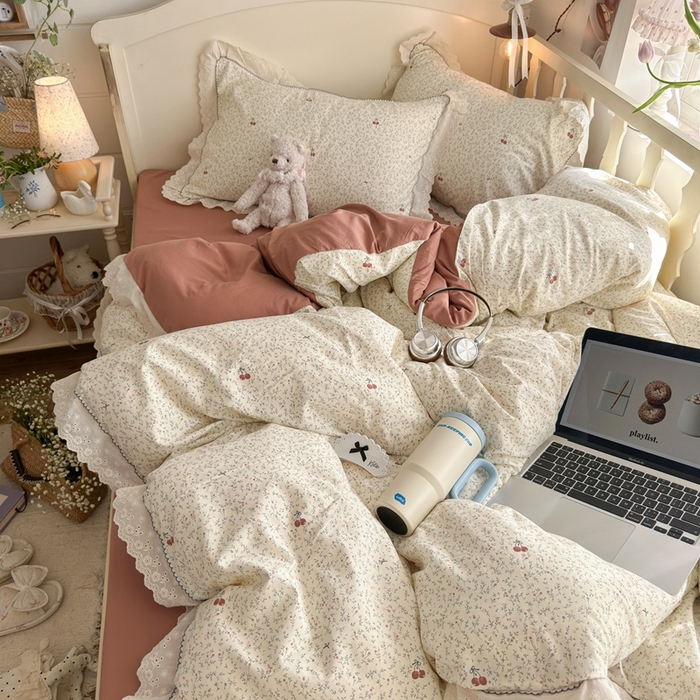 91家纺网 家纺一手货源 找家纺 海岛哥哥 2026新款仿棉云柔纱韩版双花边四件套 花边-樱桃枝枝