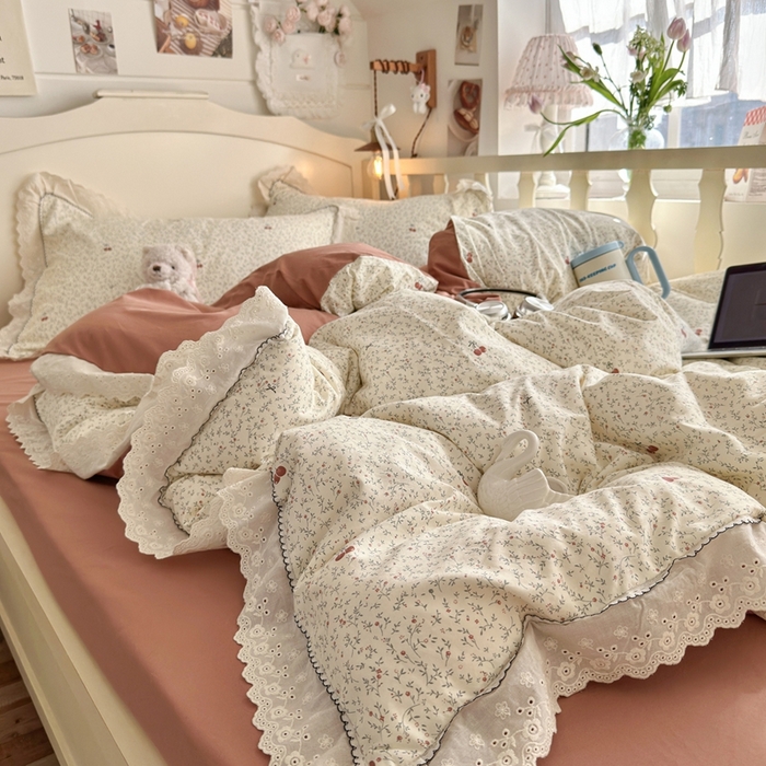 91家纺网 家纺一手货源 找家纺 海岛哥哥 2026新款仿棉云柔纱韩版双花边四件套 花边-樱桃枝枝