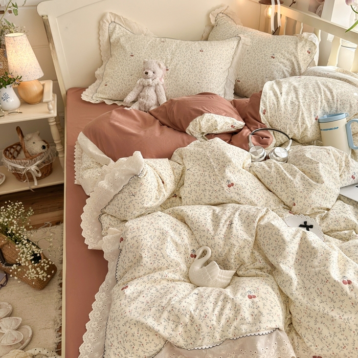 91家纺网 家纺一手货源 找家纺 海岛哥哥 2026新款仿棉云柔纱韩版双花边四件套 花边-樱桃枝枝