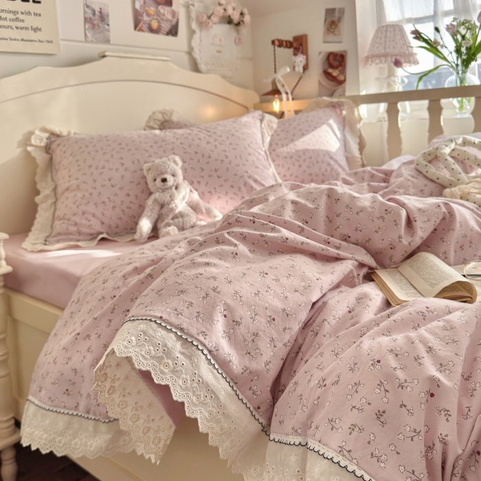 91家纺网 家纺一手货源 找家纺 海岛哥哥 2026新款仿棉云柔纱韩版双花边四件套 花边-枝影