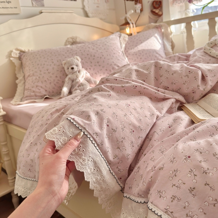 91家纺网 家纺一手货源 找家纺 海岛哥哥 2026新款仿棉云柔纱韩版双花边四件套 花边-枝影