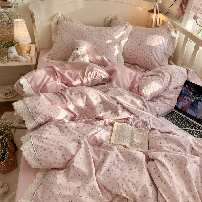 91家纺网 家纺一手货源 找家纺 海岛哥哥 2026新款仿棉云柔纱韩版双花边四件套 花边-枝影