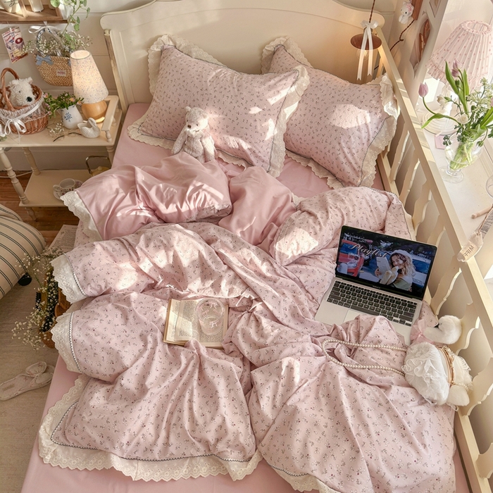 91家纺网 家纺一手货源 找家纺 海岛哥哥 2026新款仿棉云柔纱韩版双花边四件套 花边-枝影